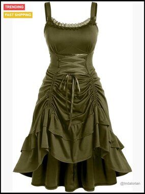 Plus Size Gothic Lace Trim Lace-up Ruffled Cinched Ruched High Low Midi Dress